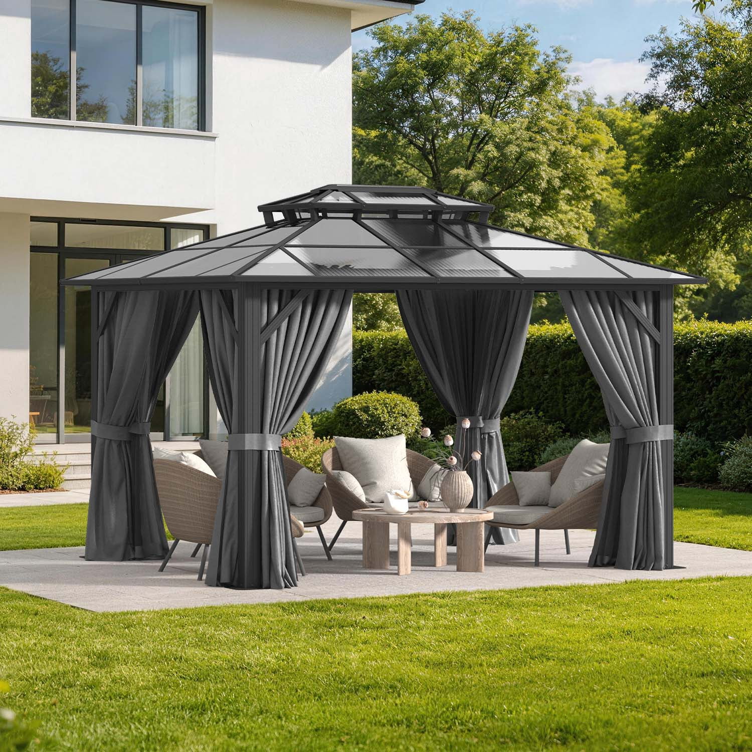 BaPiPro 12'x10' Hardtop Gazebo, Double Polycarbonate Roof Heavy Duty Aluminum Frame with Curtains and Nettings, Permanent Outdoor Pavilion Metal Gazebo for Garden, Patio, Lawns, Gray