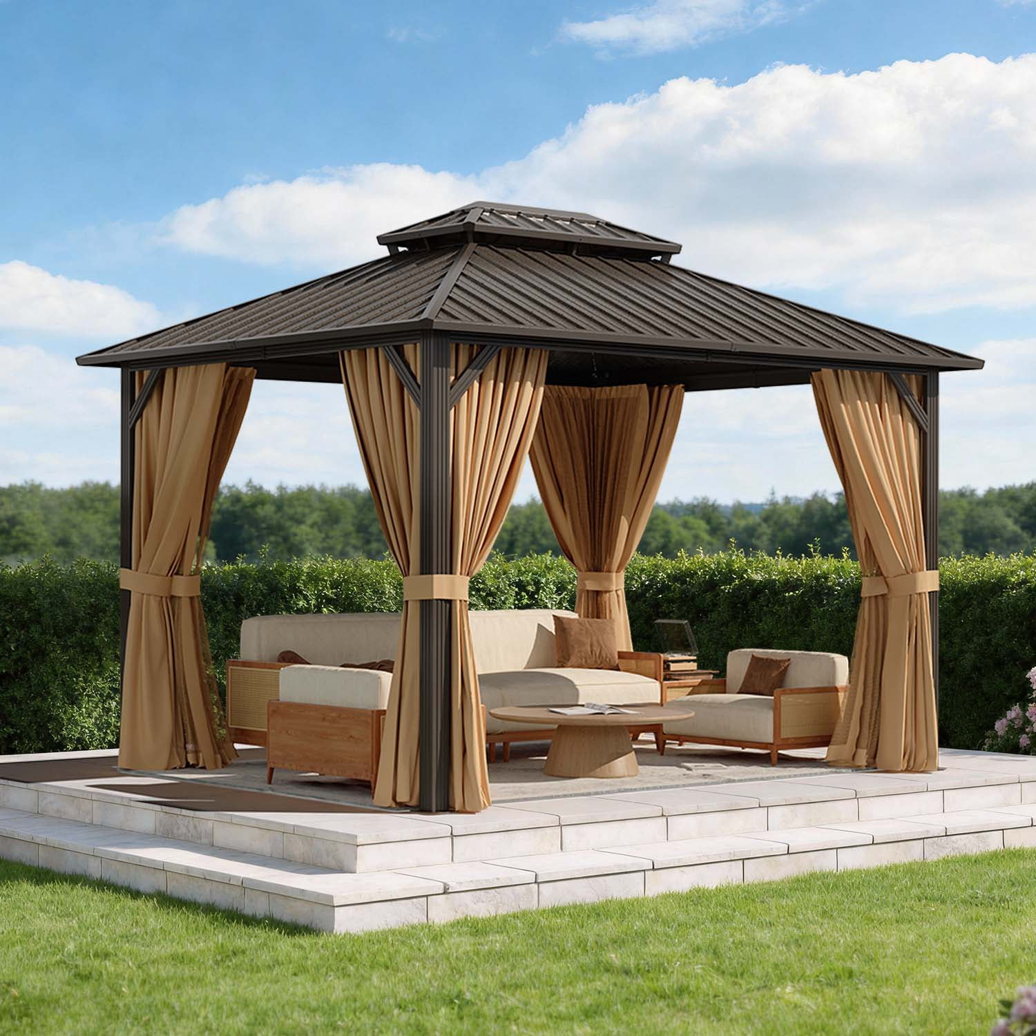 BaPiPro 12'x10' Hardtop Gazebo, Heavy Duty Galvanized Steel Double Roof, Permanent Outdoor Pavilion Metal Gazebo with Netting and Curtains, for Patio, Garden, Brown