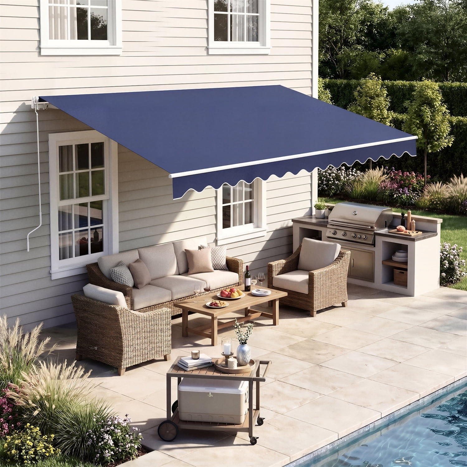 BaPiPro 12'x10' Manual Retractable Awning for Patio, Outdoor Sun Shade Waterproof Fabric Canopy with Crank Handle, UV Protection for Deck Balcony,Blue