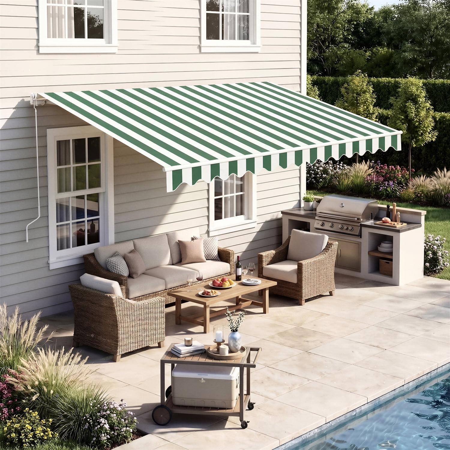 BaPiPro 12'x10' Manual Retractable Awning for Patio, Outdoor Sun Shade Waterproof Fabric Canopy with Crank Handle, UV Protection for Deck Balcony,Green