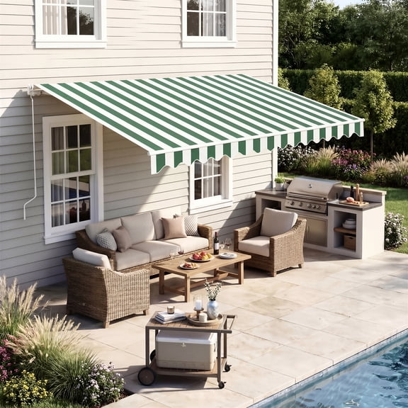 BaPiPro 12'x10' Manual Retractable Awning for Patio, Outdoor Sun Shade Waterproof Fabric Canopy with Crank Handle, UV Protection for Deck Balcony,Green