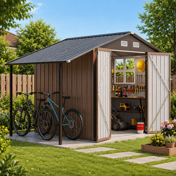 BaPiPro 10'x6' Outdoor Storage Shed, 2-in-1 Shed with Hardtop Pergola, Metal Garden Tool Shed with Double Lockable Doors, Bike Shed for Backyard, Patio, Brown