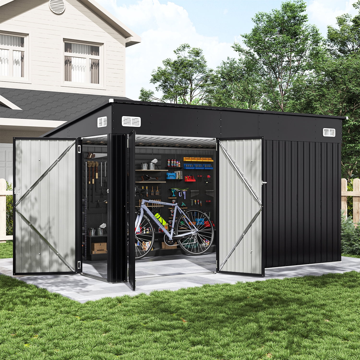 BaPiPro 12'x8' Lean-to Metal Storage Shed, Outdoor Lockable Shed with Triple Doors & Vents for Garden, Backyard, Patio - Black
