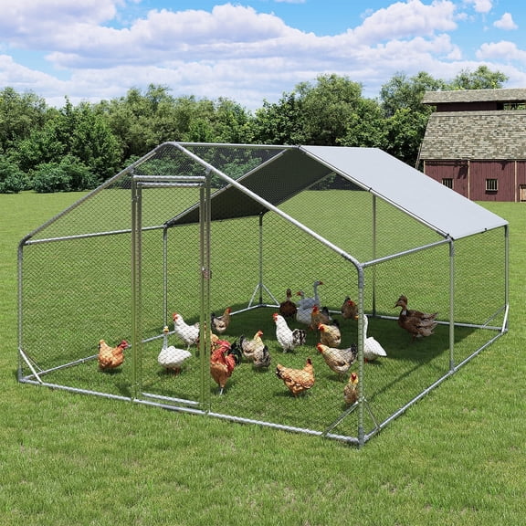 BaPiPro 128 Sq Ft Walk-In Galvanized Chicken Coop, Waterproof Anti-UV Spire Roof for 10-15 Chickens & Ducks Backyard Farm