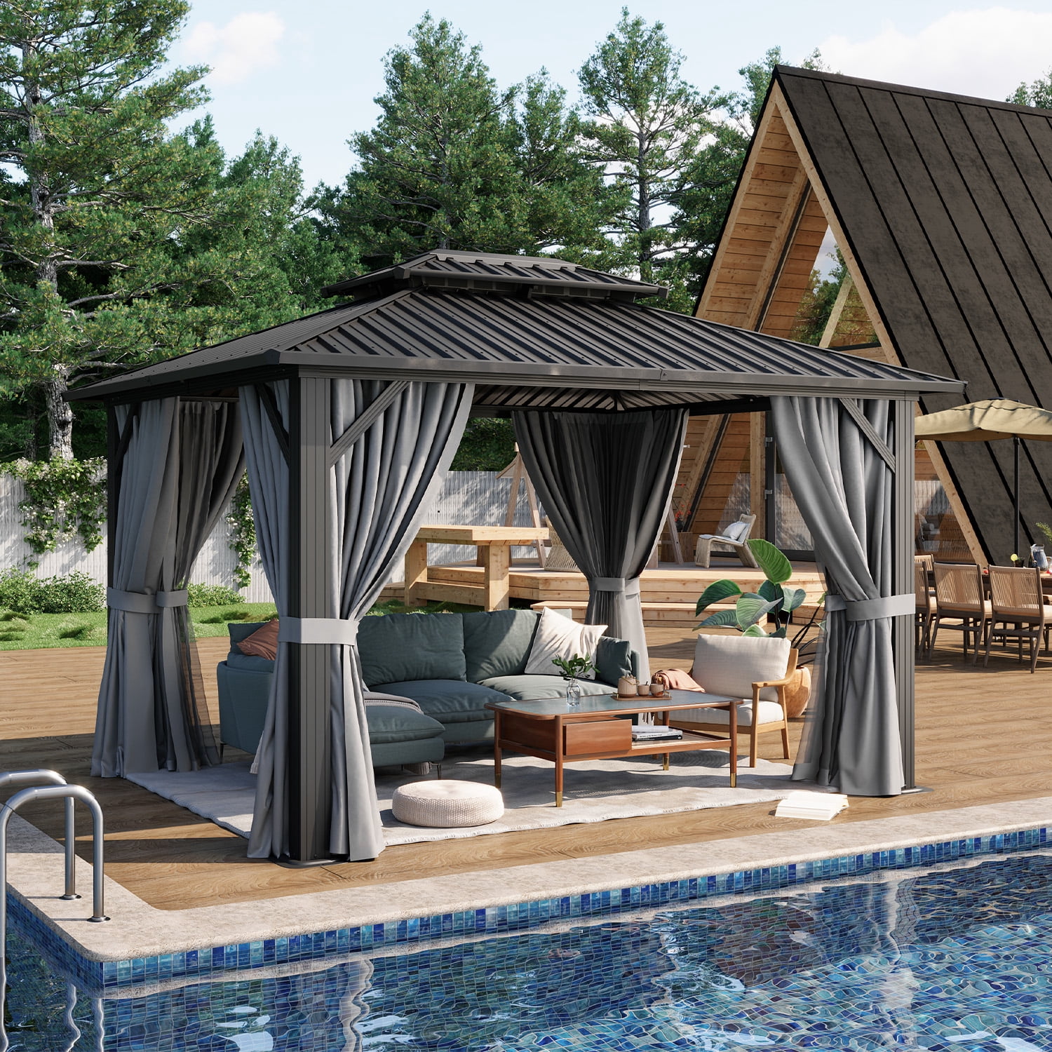 BaPiPro 12x10 FT Permanent Outdoor Gazebo – Aluminum Frame with Double Roof, Includes Curtains & Netting, Ideal for Patio, Lawn, and Garden,Gray