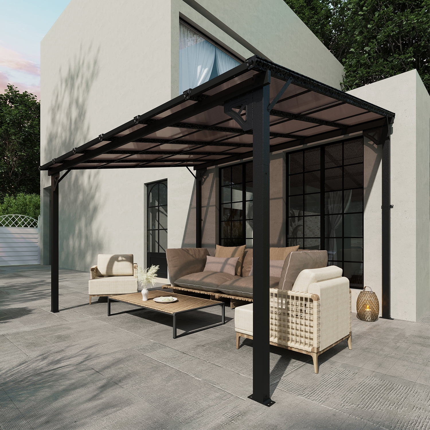 BaPiPro 12x10 ft Wall-Mounted Hardtop Gazebo with Polycarbonate Roof, Aluminum Frame, Outdoor Patio Cover for Poolside or Backyard, UV Resistant