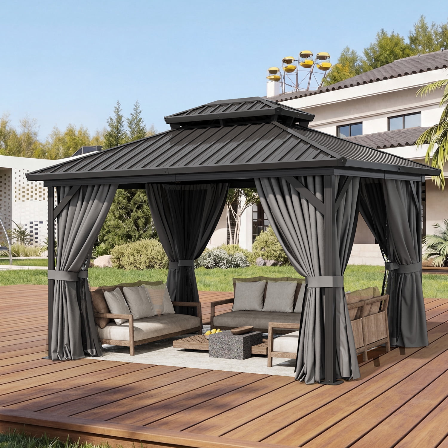 BaPiPro 10'x12' Hardtop Gazebo, Outdoor Steel Double Roof Metal Gazebo with Curtains and Nettings, Aluminum Frame Permanent Pavilion for Patio Garden Backyard, Gray
