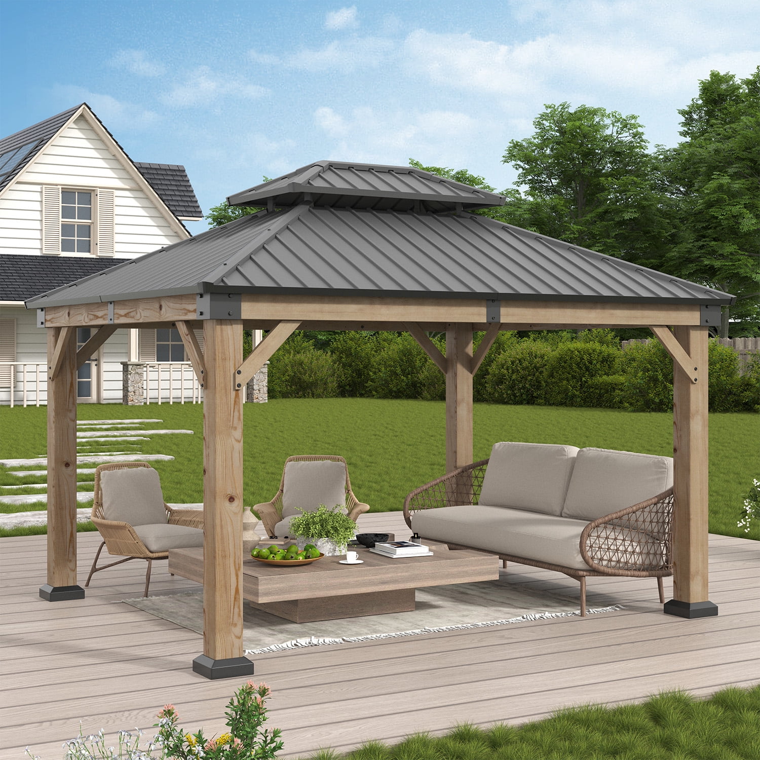 BaPiPro 12x10FT Double Roof Wooden Hardtop Gazebo, Natural Wood Finish, for Patio, Garden and Backyard