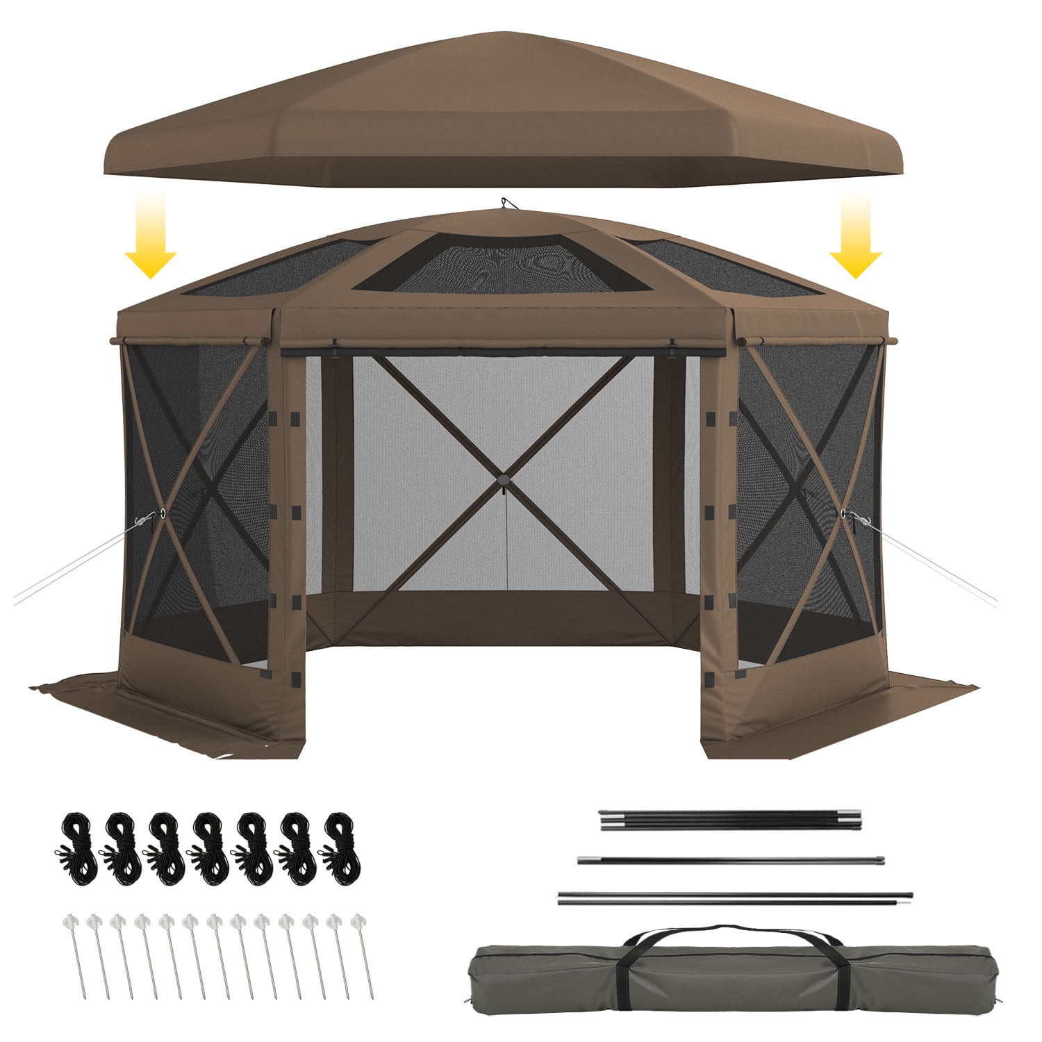 BaPiPro 12x12 FT Pop Up Gazebo with Removable Top for Stargazing, Outdoor Screen House with Sidewalls & Netting, Waterproof Canopy Tent for Patio, Backyard, Camping, Brown