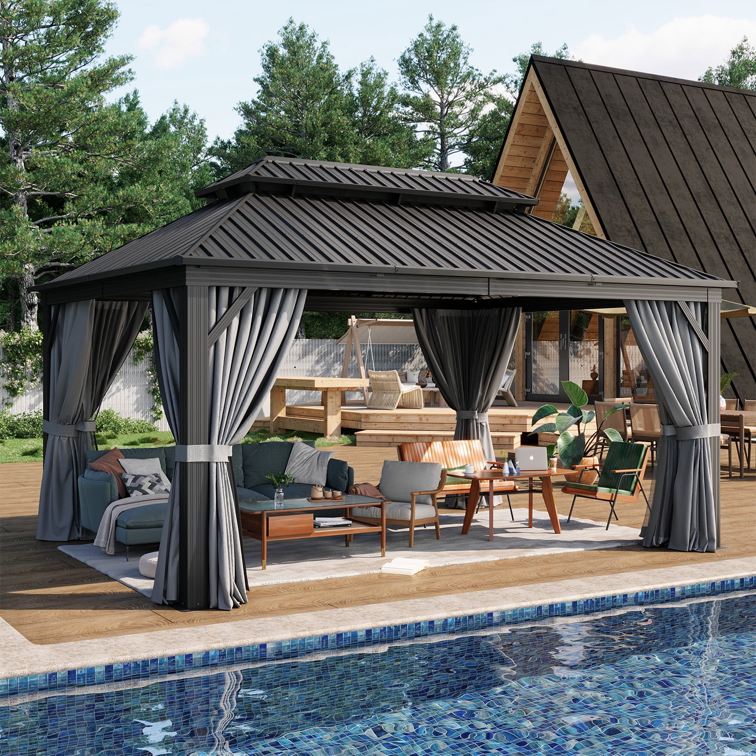BaPiPro 12x16 FT Permanent Outdoor Gazebo – Aluminum Frame with Double Roof, Includes Curtains & Netting, Ideal for Patio, Lawn, and Garden,Gray