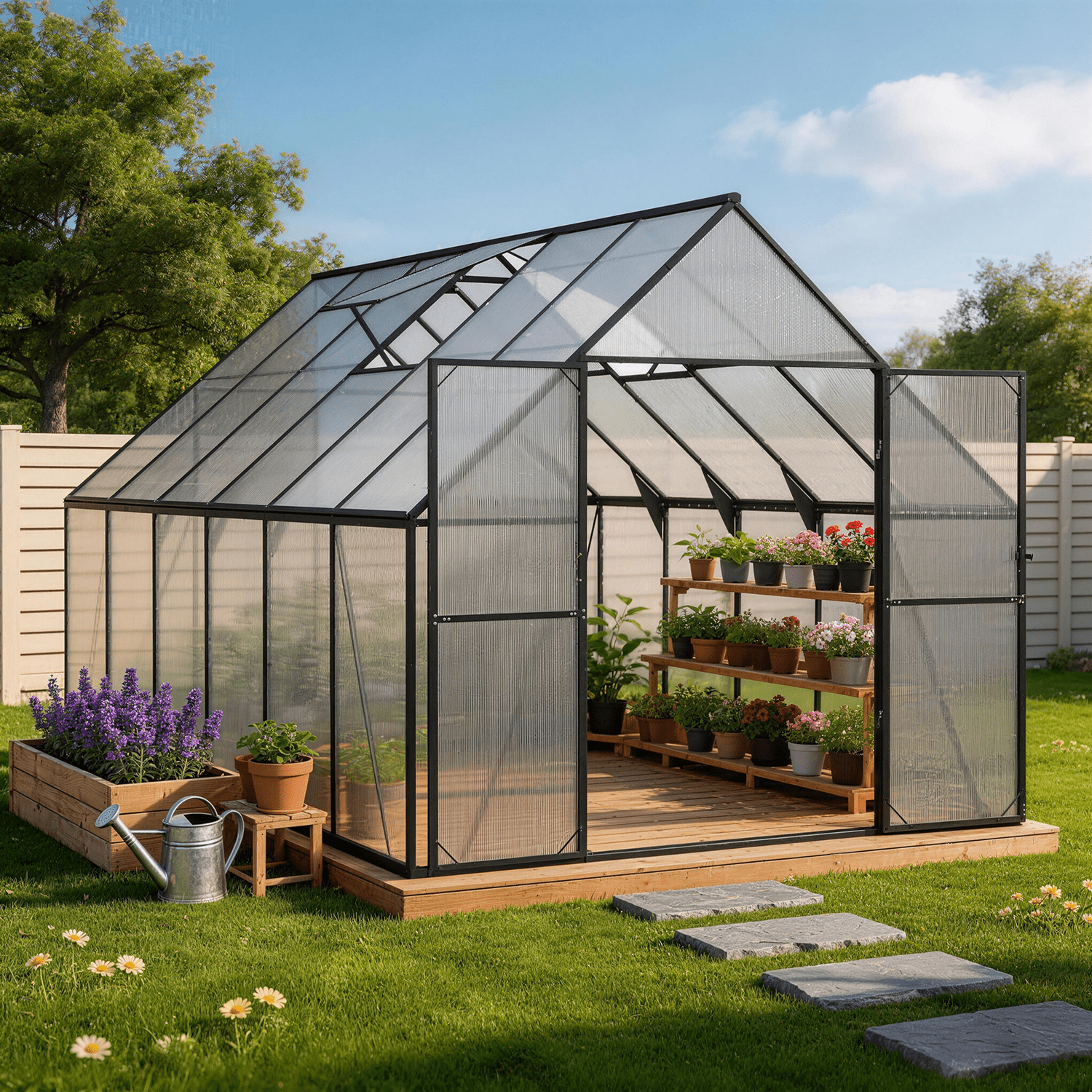 BaPiPro 12x8 ft Heavy-Duty Walk-in Greenhouse, Polycarbonate Panels, Aluminum Frame, UV-Protected Waterproof Outdoor for Garden Backyard Plant Growing