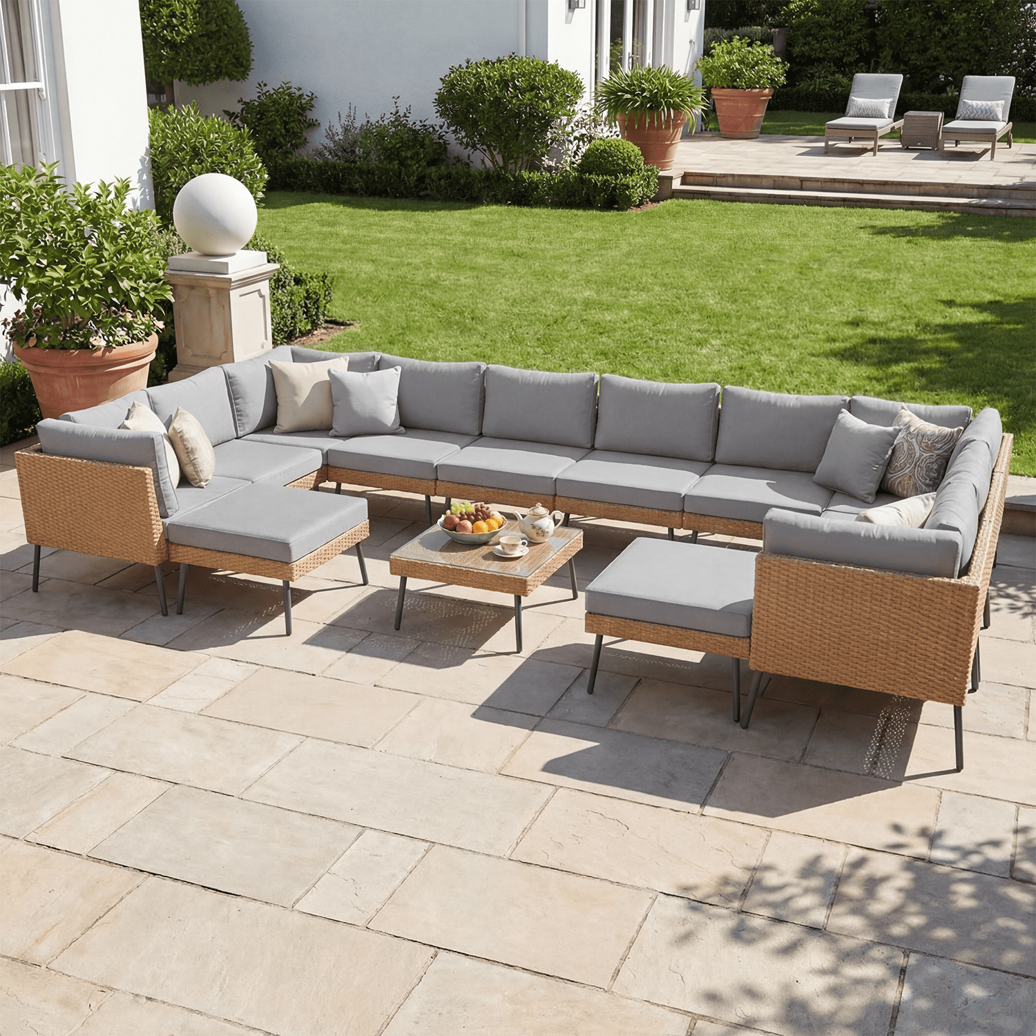 BaPiPro 13-Piece Outdoor Modular PE Rattan Wicker Sofa Set, All-Weather Patio Conversation Set with Plush Cushions & Scratch-Resistant Tempered Glass Table, Ideal for Courtyard Backyard Garden,Gray