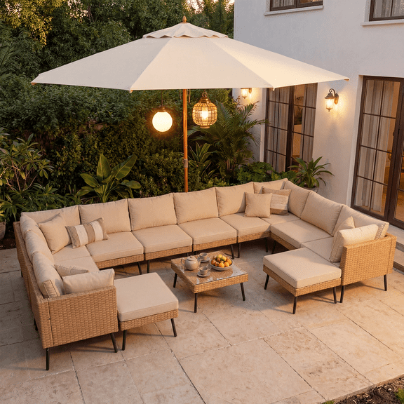 BaPiPro 13-Piece Outdoor PE Rattan Sectional Sofa Set, All-Weather Patio Conversation Set with Cushions & Tempered Glass Coffee Table, Suitable for Courtyard, Backyard and Garden,Beige