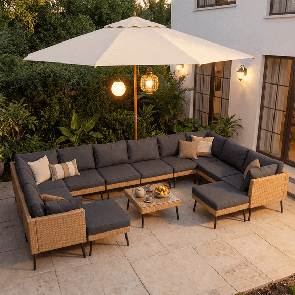 BaPiPro 13-Piece Outdoor PE Rattan Sectional Sofa Set, All-Weather Patio Conversation Set with Cushions & Tempered Glass Coffee Table, Suitable for Courtyard, Backyard and Garden, Black