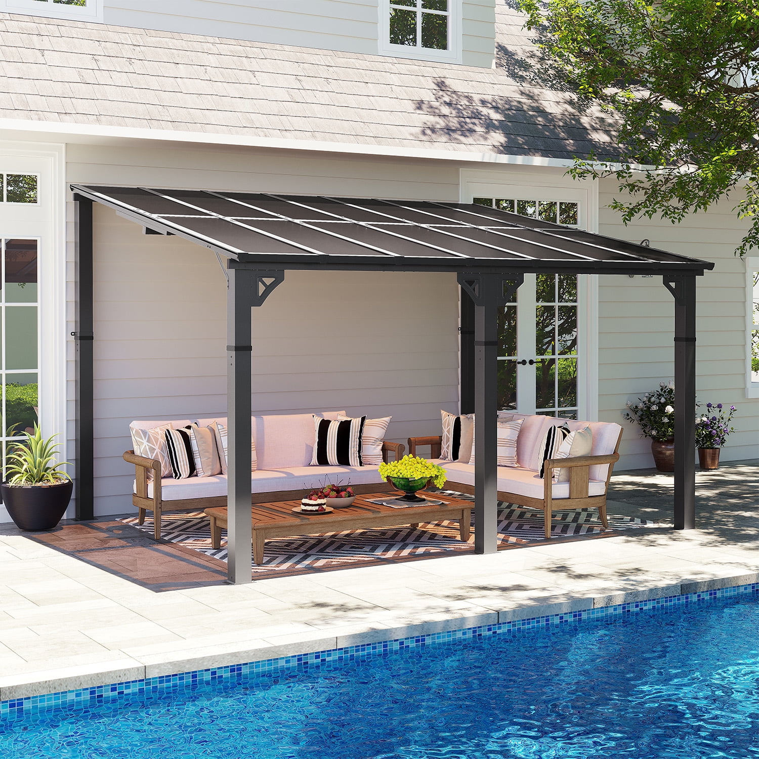 BaPiPro 14'x10' Hardtop Gazebo, Wall Mounted Lean-To Pergola for Patio, Aluminum Frame & Polycarbonate Roof, Waterproof Outdoor Canopy for Backyard, Porch, Deck