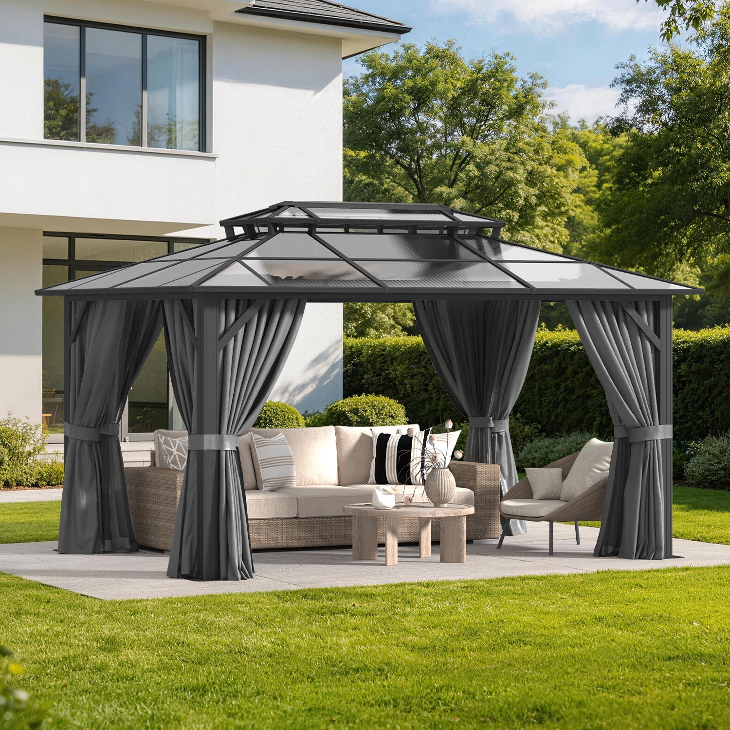 BaPiPro 14x10 FT Outdoor Gazebo, Double Roof Polycarbonate Hardtop, Iron Frame, Black & Gray, UV Protected, Weather Resistant, for Patio Backyard Deck Lawn