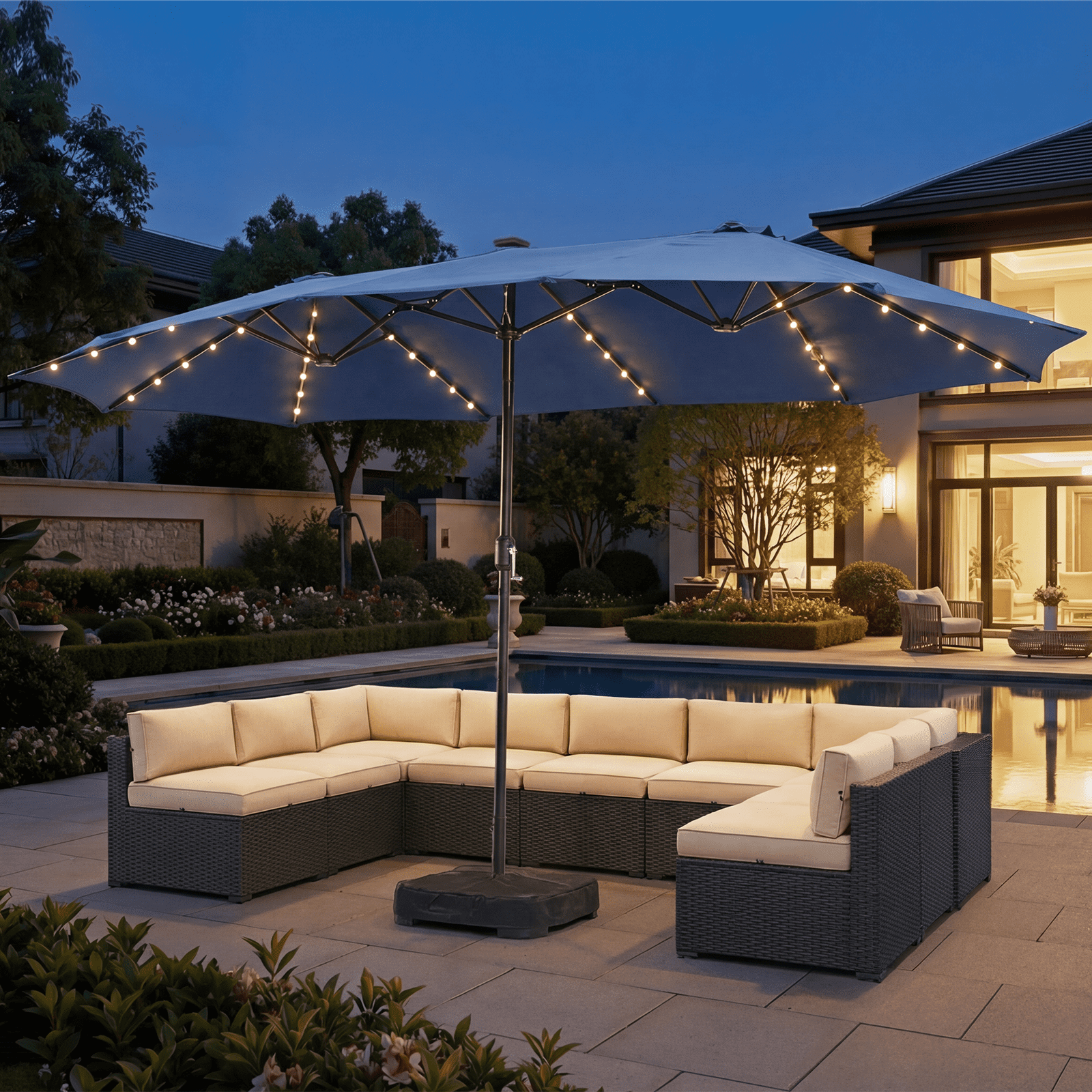 BaPiPro 15FT Blue Large Double Head Patio Umbrella with Solar LED Lights, Waterproof UV & Tear Resistant Fabric, Windproof Reinforced Steel Frame, Easy Hand Crank for Patio, Pool, Garden & Deck