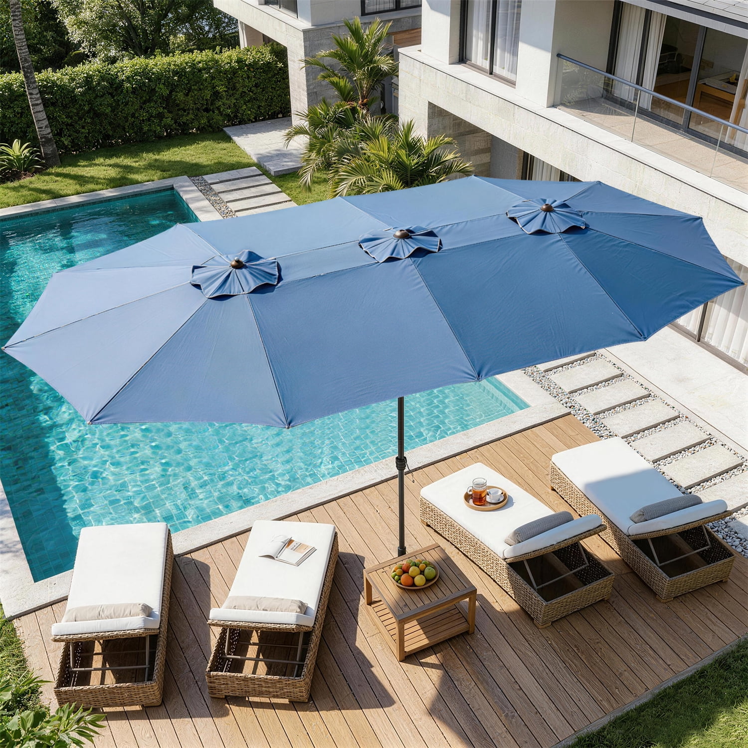 BaPiPro 15FT Blue Large Double Head Patio Umbrella, Waterproof UV & Tear Resistant Fabric, Windproof Reinforced Steel Frame, Easy Hand Crank for Patio, Pool, Garden & Deck