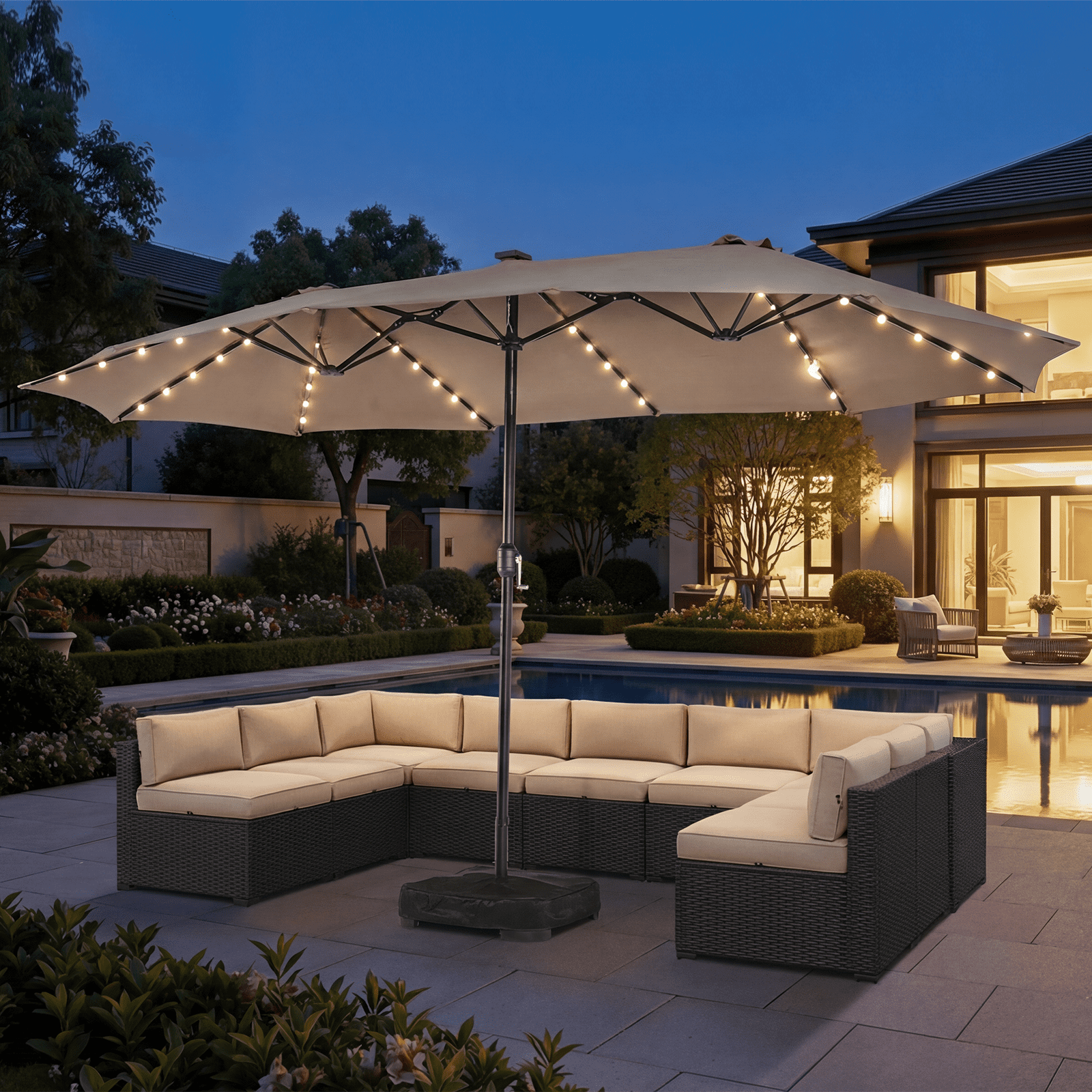 BaPiPro 15FT Off-White Large Double Head Patio Umbrella with Solar LED Lights, Waterproof UV & Tear Resistant Fabric, Windproof Reinforced Steel Frame, Easy Hand Crank for Patio, Pool, Garden & Deck