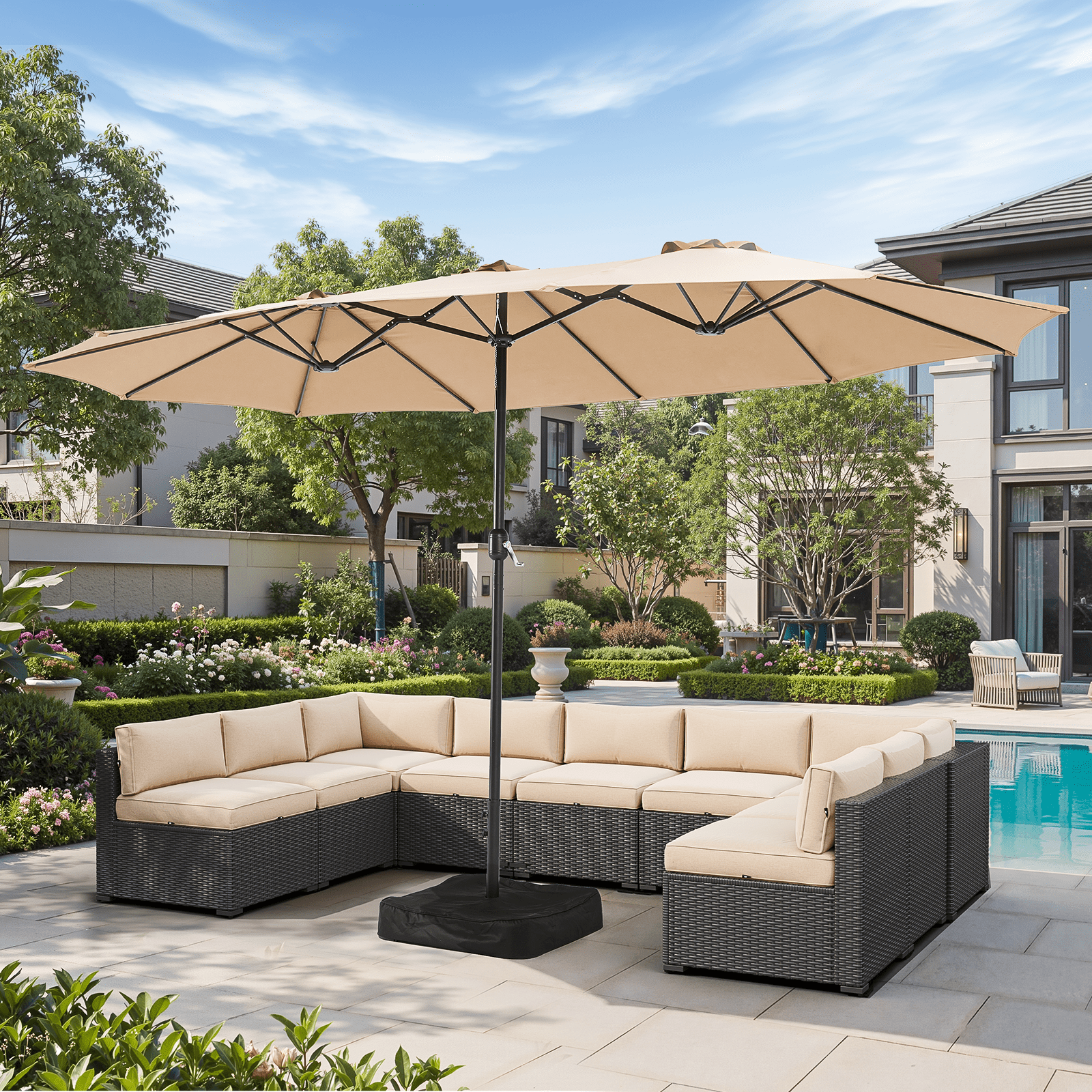 BaPiPro 15FT Off-White Large Double Head Patio Umbrella, Waterproof UV & Tear Resistant Fabric, Windproof Reinforced Steel Frame, Easy Hand Crank for Patio, Pool, Garden & Deck