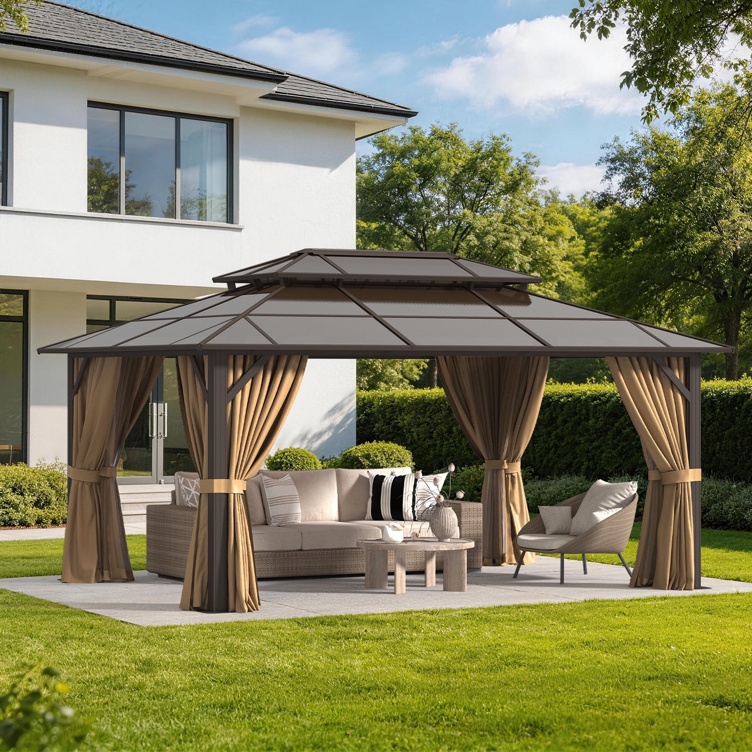 BaPiPro 16x12 FT Outdoor Gazebo, Double Roof Polycarbonate Hardtop, Iron Frame, Bronze Brown, UV Protected, Weather Resistant, for Patio Backyard Deck Lawn