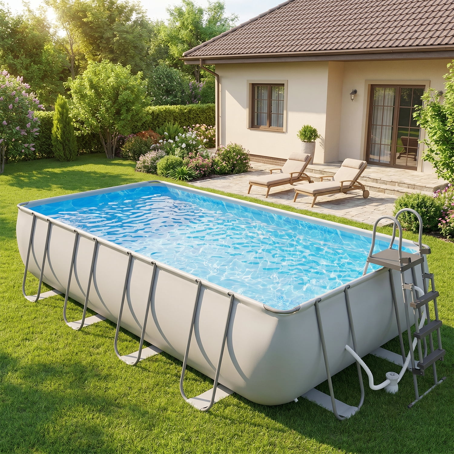 BaPiPro 18' U-Frame Swimming Pool, Gray, Thickened PVC Liner, with Filter Pump, Removable Ladder & Pool Cover, Spacious for Multiple People, Perfect for Parties and Daily Summer Use
