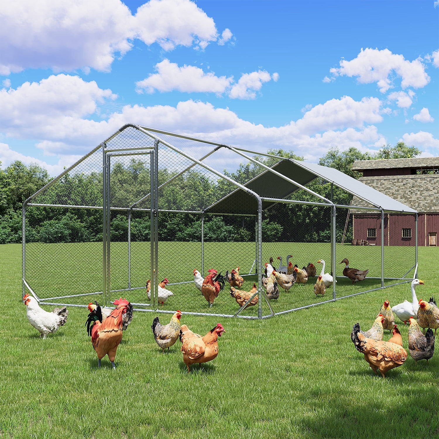 BaPiPro 193 Sq Ft Walk-In Metal Chicken Coop, Heavy Duty Galvanized Predator Proof Spire Roof Run for 15-20 Chickens & Ducks Backyard Farm