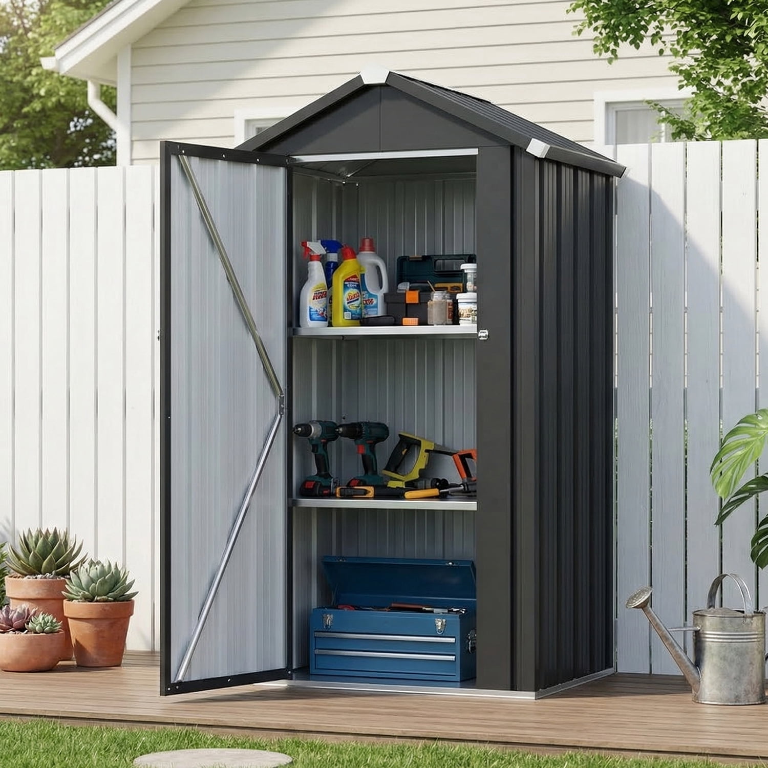 BaPiPro 3x2 ft Outdoor Storage Shed with Floor, Metal Shed with Shelves, Small Tool Shed, Metal Cabinet for Patio Backyard Garden