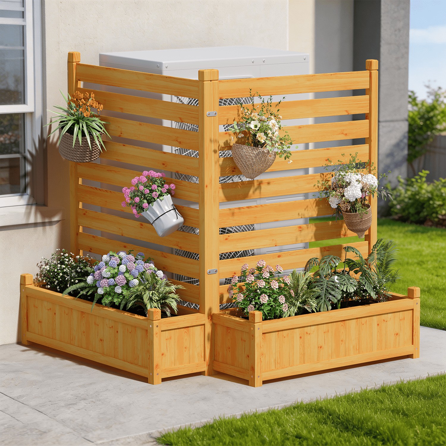 BaPiPro 2-Panel Wooden Planter Fence with Built-in Flower Boxes, Natural Wood Finish for Outdoor Privacy Screen