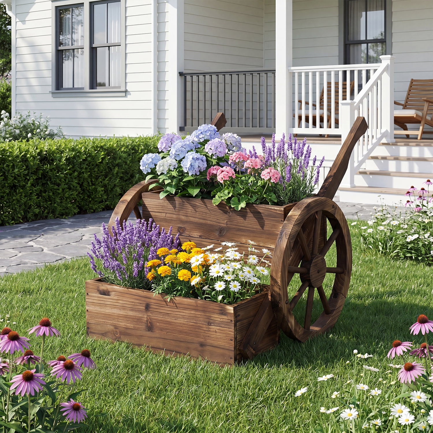 BaPiPro 2-Tier Rustic Wooden Wheelbarrow Planter Box, Carbonized Fir Raised Bed with Drainage Holes, Anti-Tip Frame, Easy Assembly, Farmhouse Decor for Garden, Patio, Backyard, Balcony, Greenhouse