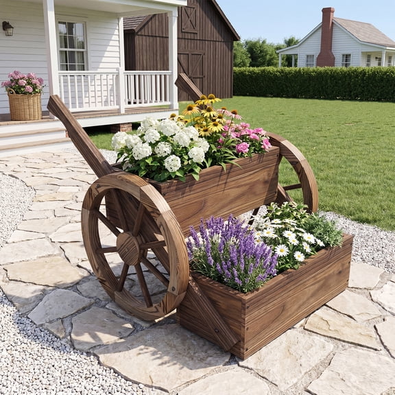 BaPiPro 2-Tier Wheelbarrow Planter Box, Carbonized Fir Wood Raised Garden Bed with Drainage Holes & Anti-Tip Frame, Rustic Farmhouse Decor for Garden Patio Backyard Balcony Greenhouse, Easy Assembly