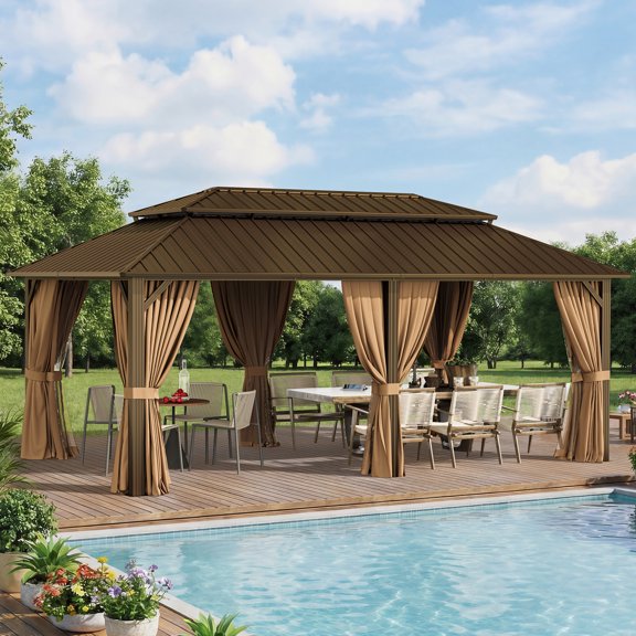 BaPiPro 20' x 12' Hardtop Gazebo with Double-Layer Roof, Outdoor Patio Pavilion for Lawn & Garden, Brown