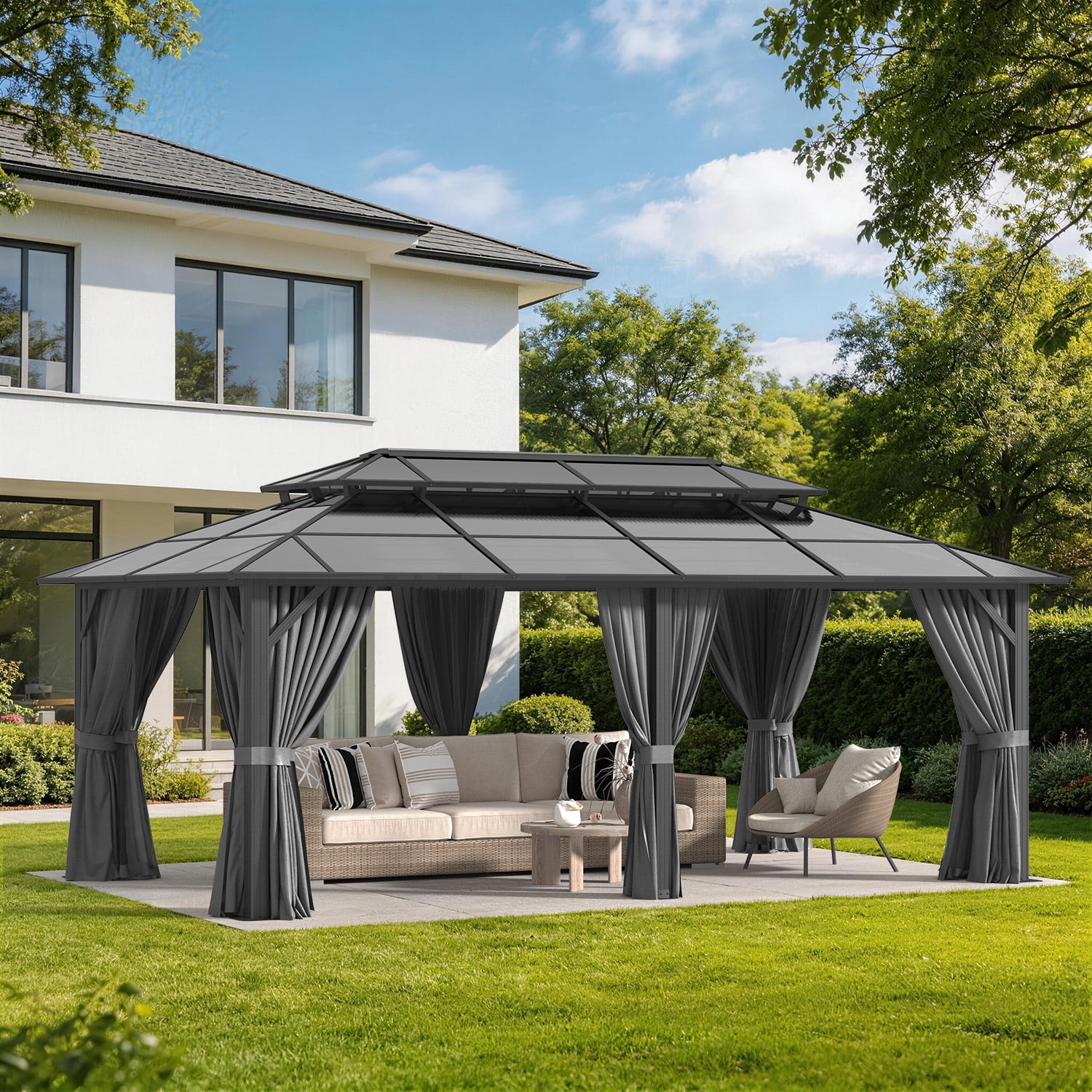 BaPiPro 20x12 FT Outdoor Gazebo, Double Roof Polycarbonate Hardtop, Iron Frame, Black & Gray, UV Protected, Weather Resistant, for Patio Backyard Deck Lawn