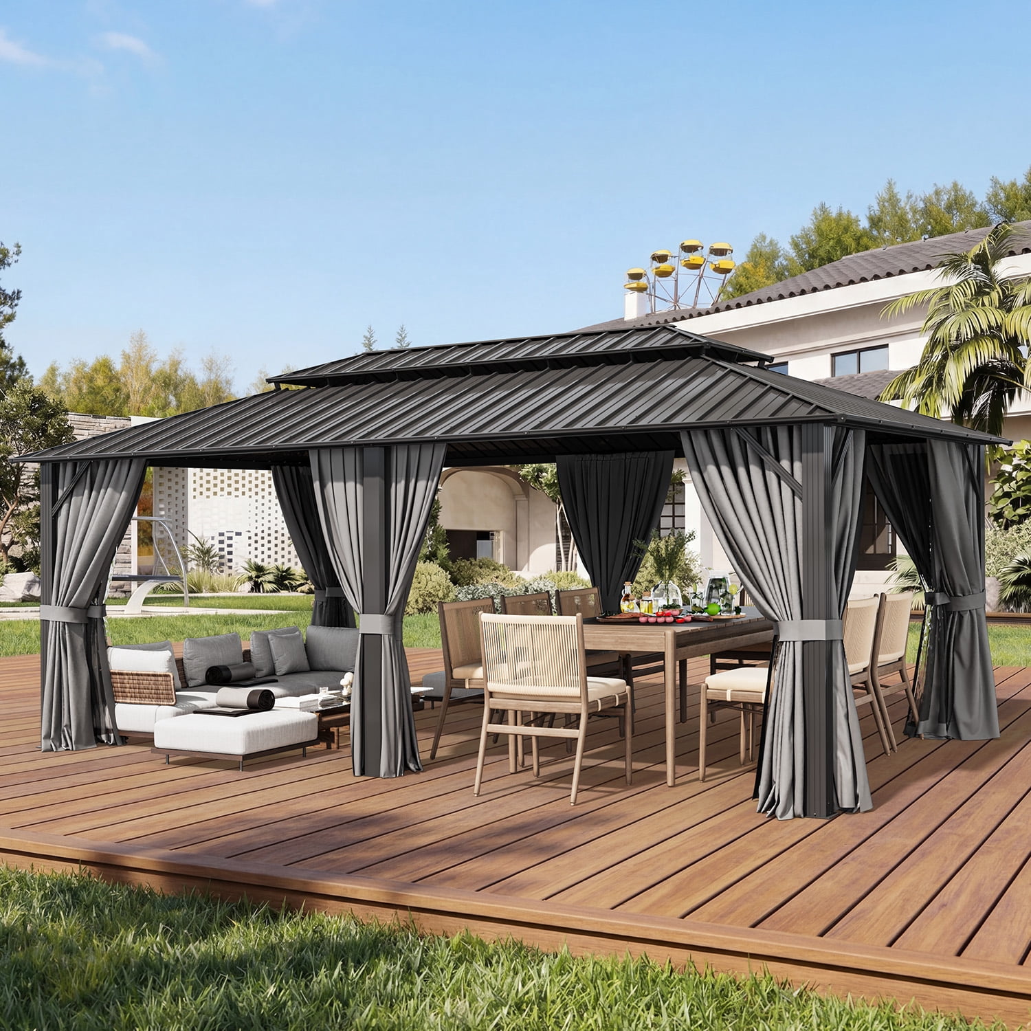 BaPiPro 12'x20' Hardtop Gazebo, Outdoor Steel Double Roof Metal Gazebo with Curtains and Nettings, Aluminum Frame Permanent Pavilion for Patio Garden Backyard, Gray