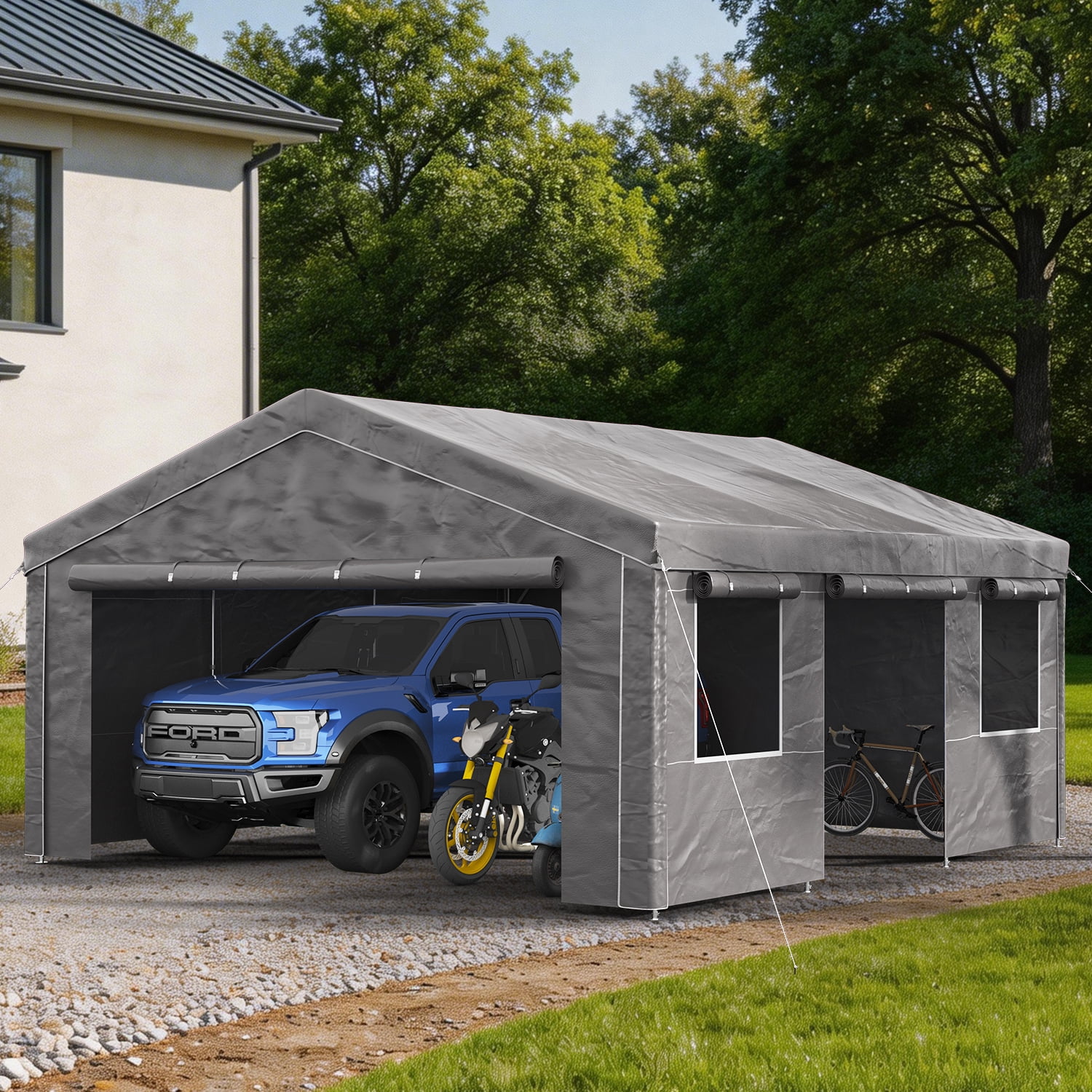 BaPiPro 20x20FT Grey Gable Top Carport, Multifunctional Outdoor Storage Shelter with All-Weather Metal Frame for Patio Vehicle Parking & Outdoor Gear Storage