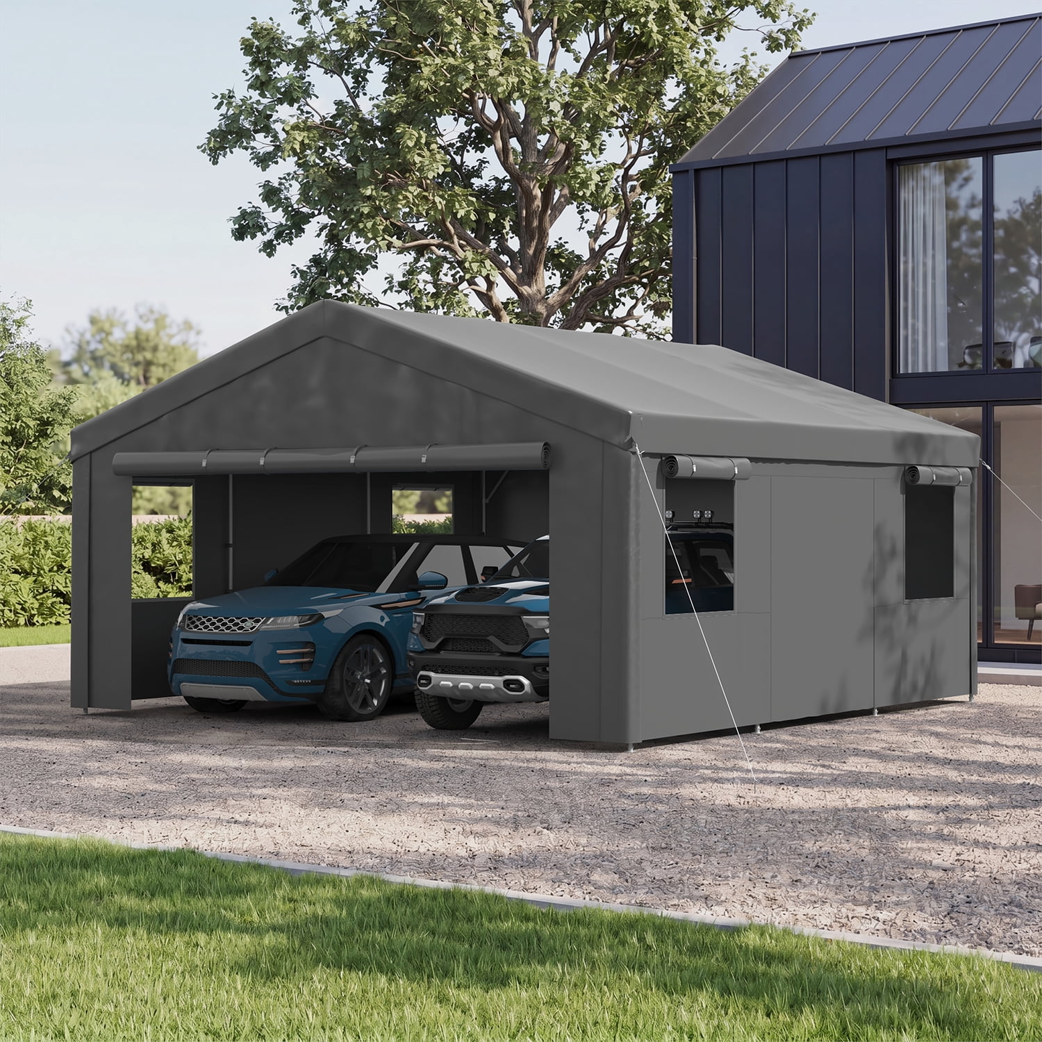 BaPiPro 20x20FT Heavy Duty Carport, Portable Garage Car Canopy with Removable Sidewalls & Roll-Up Doors, Car Shelter for Cars,Trucks and Tools Storage, Gray