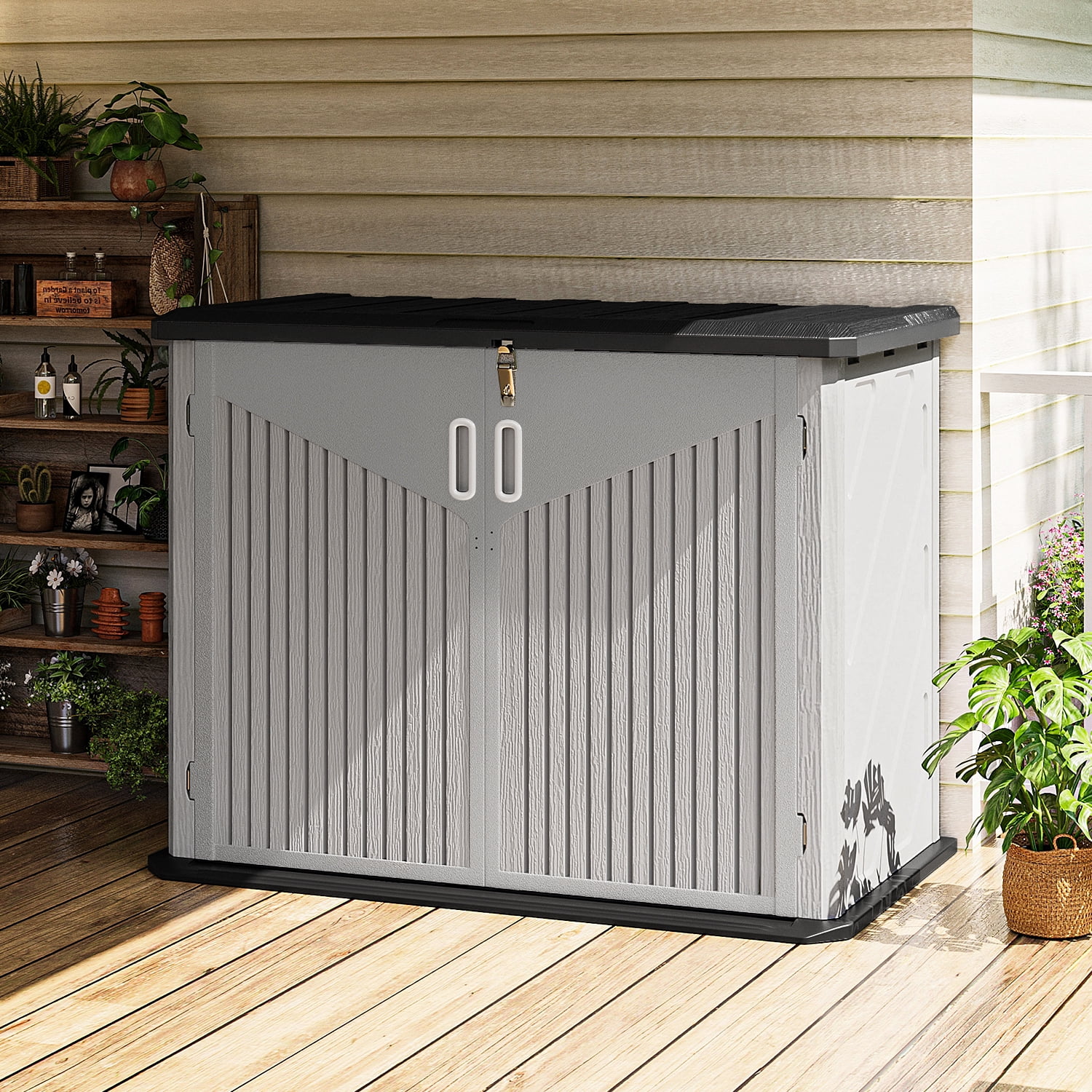 BaPiPro 24 Cu.ft Outdoor Storage Cabinet, Resin Shed with Floor, 4.5'x2.5' Waterproof Plastic Storage for Garden, Backyard, Patio & Garbage Bin