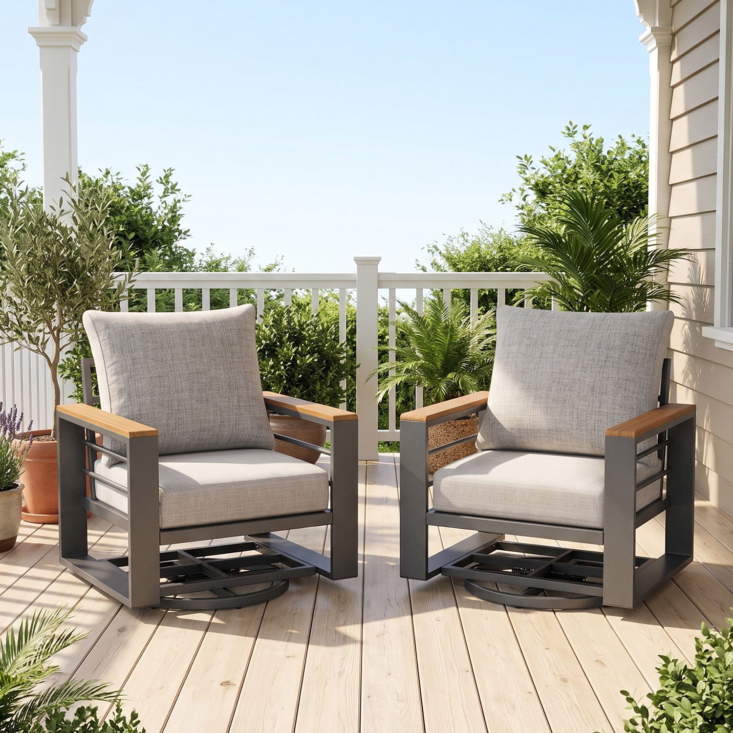 BaPiPro 2PCS Outdoor Swivel Patio Chairs, All Aluminum Frame with Wood-Look Armrest, 24 Inch Extra Wide Seat Fade Resistant Cushioned Single Sofa Chairs for Backyard Pool, Light Gray