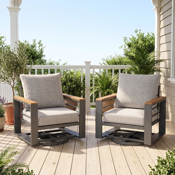 BaPiPro 2PCS Outdoor Swivel Patio Chairs, All Aluminum Frame with Wood-Look Armrest, 24 Inch Extra Wide Seat Fade Resistant Cushioned Single Sofa Chairs for Backyard Pool, Light Gray