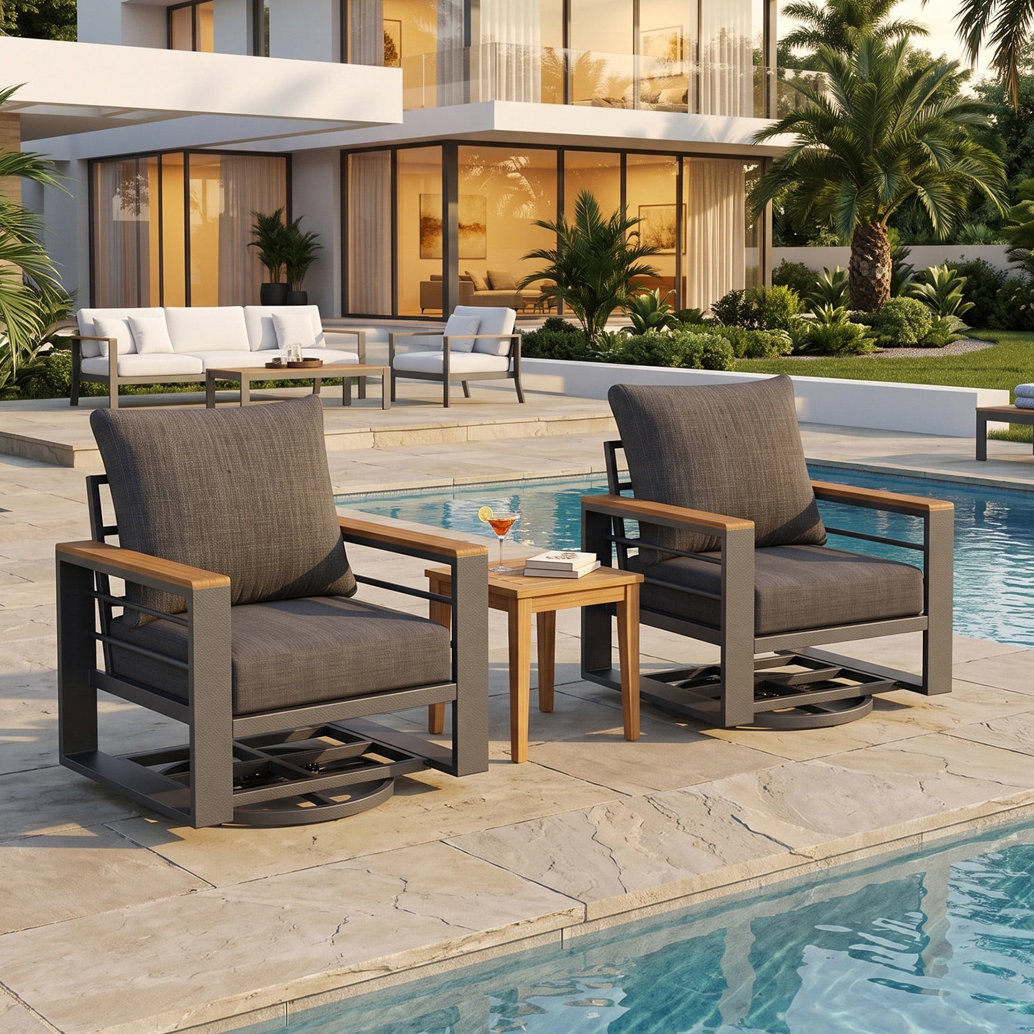 BaPiPro 2PCS Outdoor Swivel Patio Chairs, All Aluminum Frame with Wood-Look Armrest, 24 Inch Extra Wide Seat Fade Resistant Cushioned Single Sofa Chairs for Backyard Pool, Dark Gray