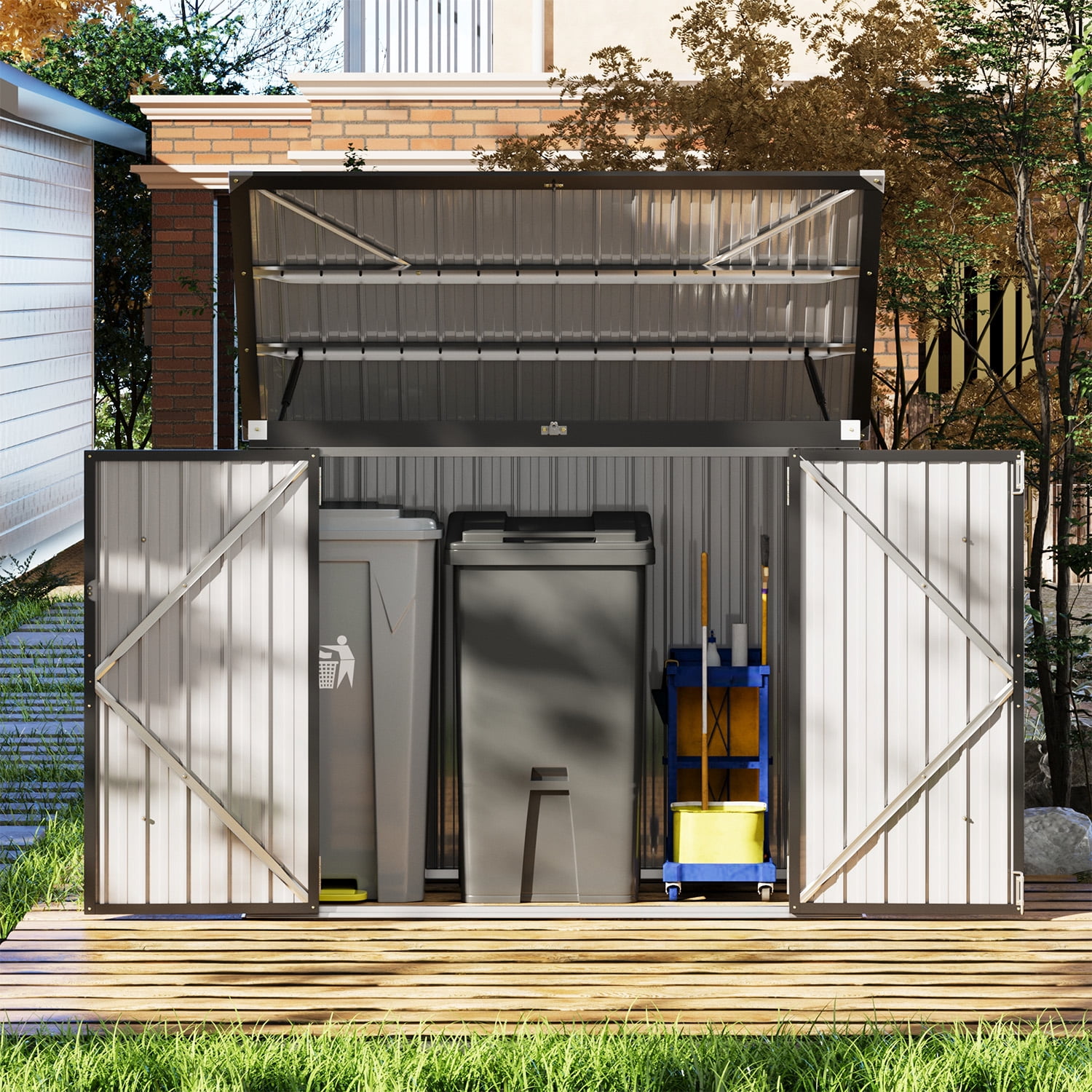 BaPiPro 2.6'x 5' Outdoor Metal Storage Shed, Garbage Can Shed with 3 Lockable Doors & Lift-Up Hinges, Black Storage Cabinet for Patio/Garden/Backyard