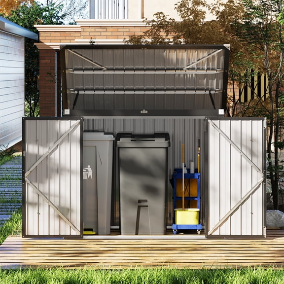 BaPiPro 2.6'x 5' Outdoor Metal Storage Shed, Garbage Can Shed with 3 Lockable Doors & Lift-Up Hinges, Black Storage Cabinet for Patio/Garden/Backyard