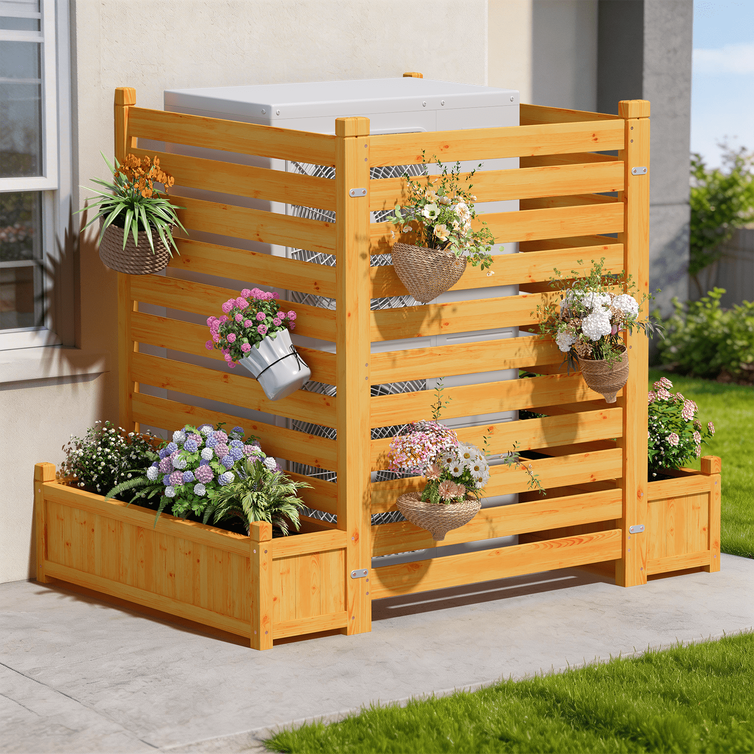 BaPiPro 3-Panel Wooden Planter Fence with Built-in Flower Boxes, Natural Wood Finish for AC Unit Cover, Garden Privacy Screen