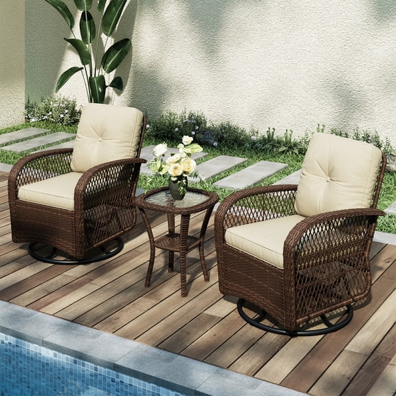 BaPiPro 3 Piece Beige Outdoor Swivel Rocker Wicker Patio Furniture Set, All-Weather Resistant Rattan Conversation Set with Cushions & Tempered Glass Side Table for Porch, Deck, Backyard