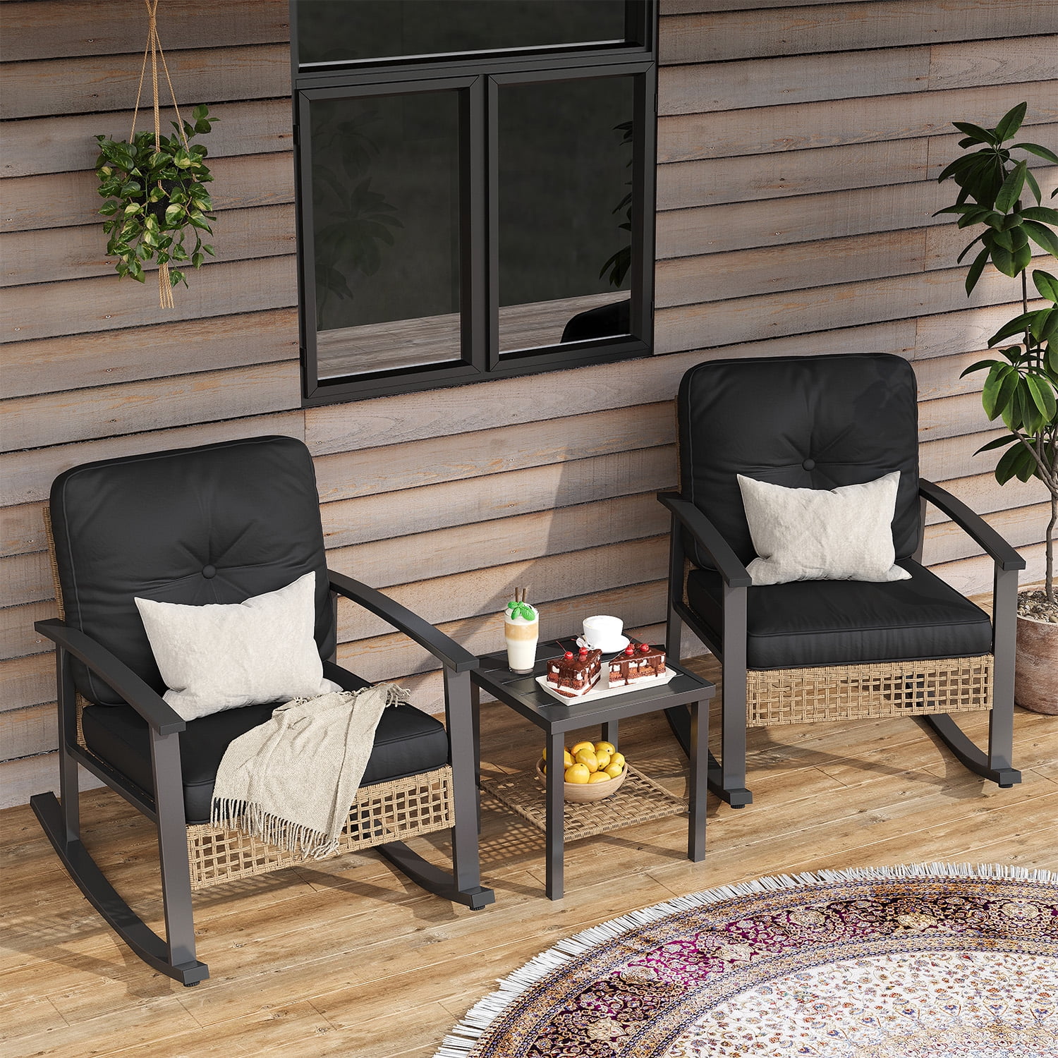 BaPiPro 3-Piece Outdoor Rocking Chair Set, All-Weather PE Wicker Patio Furniture with Water-Resistant Cushions, Rust-Proof Steel Frame, 2-Tier Coffee Table, for Porch Backyard, Black