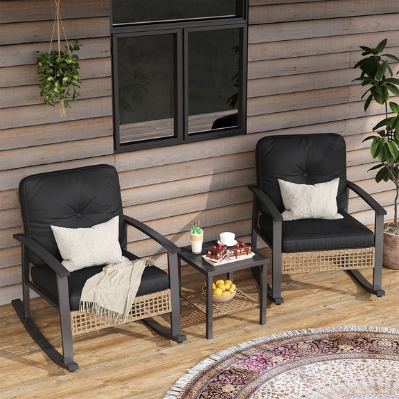 BaPiPro 3-Piece Outdoor Rocking Chair Set, All-Weather PE Wicker Patio Furniture with Water-Resistant Cushions, Rust-Proof Steel Frame, 2-Tier Coffee Table, for Porch Backyard, Black