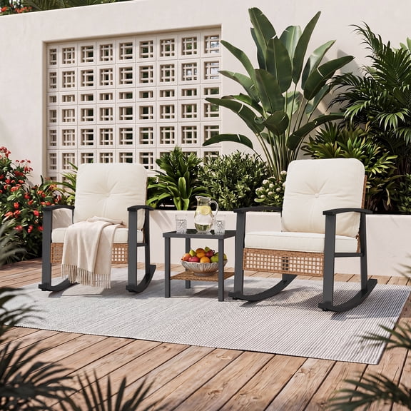 BaPiPro 3-Piece Outdoor Rocking Chair Set, All-Weather PE Wicker Patio Furniture with Water-Resistant Cushions, Rust-Proof Steel Frame, 2-Tier Coffee Table, for Porch Backyard, Off-White