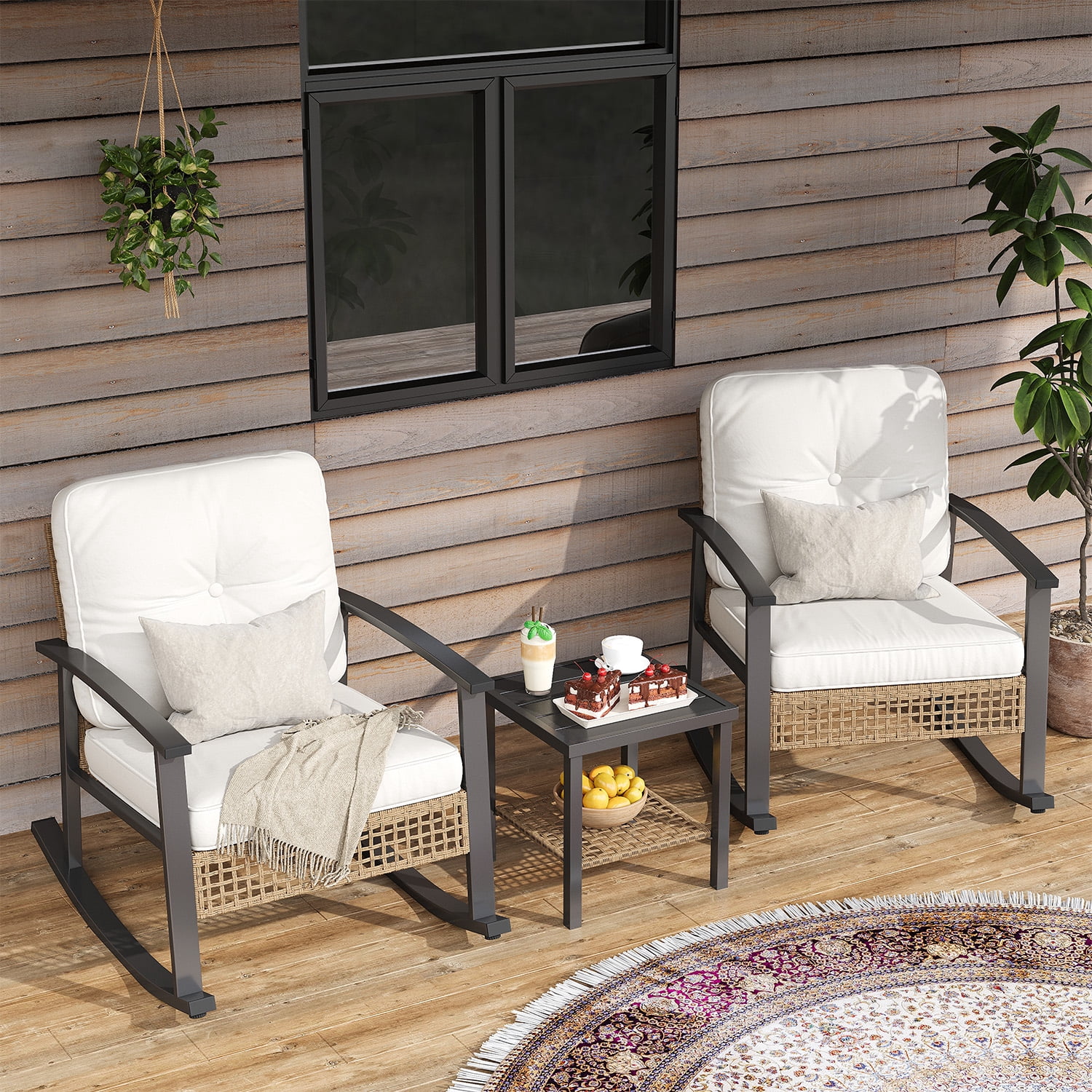 BaPiPro 3-Piece Outdoor Rocking Chair Set, All-Weather PE Wicker Patio Furniture with Water-Resistant Cushions, Rust-Proof Steel Frame, 2-Tier Coffee Table, for Porch Backyard, Off-White