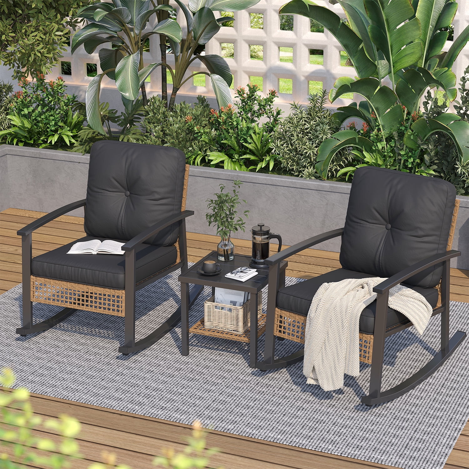 BaPiPro 3-Piece Outdoor Rocking Chair Set, PE Wicker Patio Furniture with Water-Resistant Cushions, Galvanized Steel Frame, 2-Tier Coffee Table, for Porch, Backyard, Poolside, Black