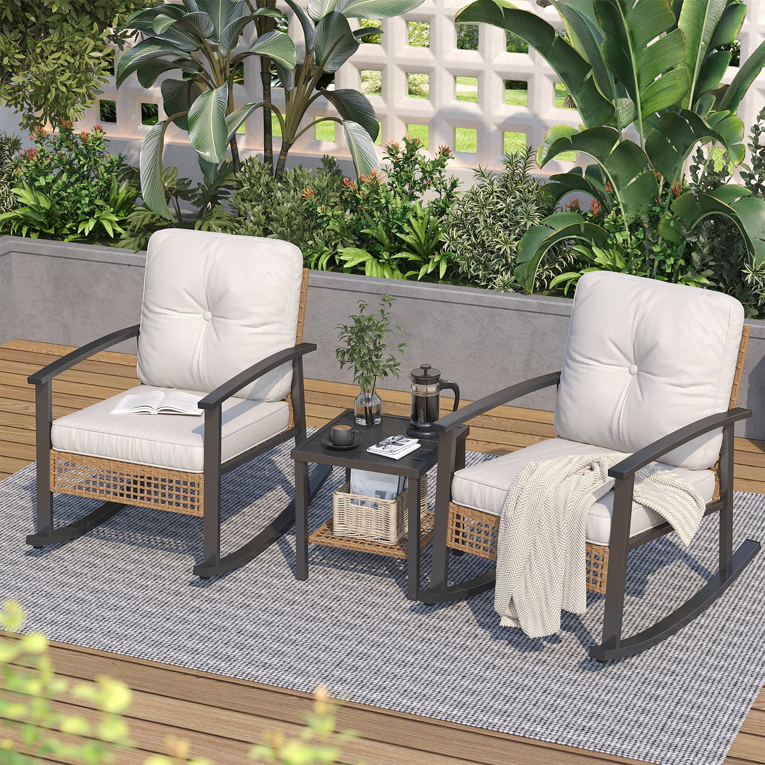 BaPiPro 3-Piece Outdoor Rocking Chair Set, PE Wicker Patio Furniture with Water-Resistant Cushions, Galvanized Steel Frame, 2-Tier Coffee Table, for Porch, Backyard, Poolside, Beige